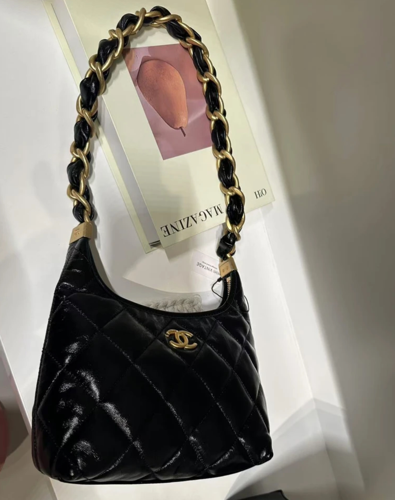 99新 Chanel/香奈儿 HIHI/24A黑金油蜡皮粗链条Hobo/11461580