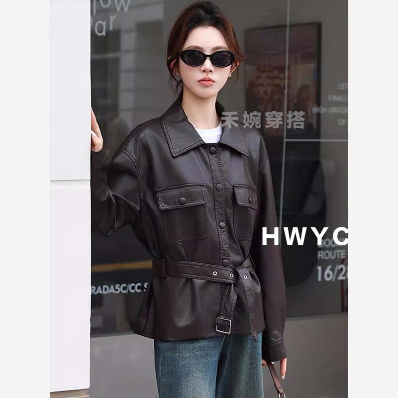 高级感收腰皮衣外套女2025秋新款气质休闲PU皮机车夹克