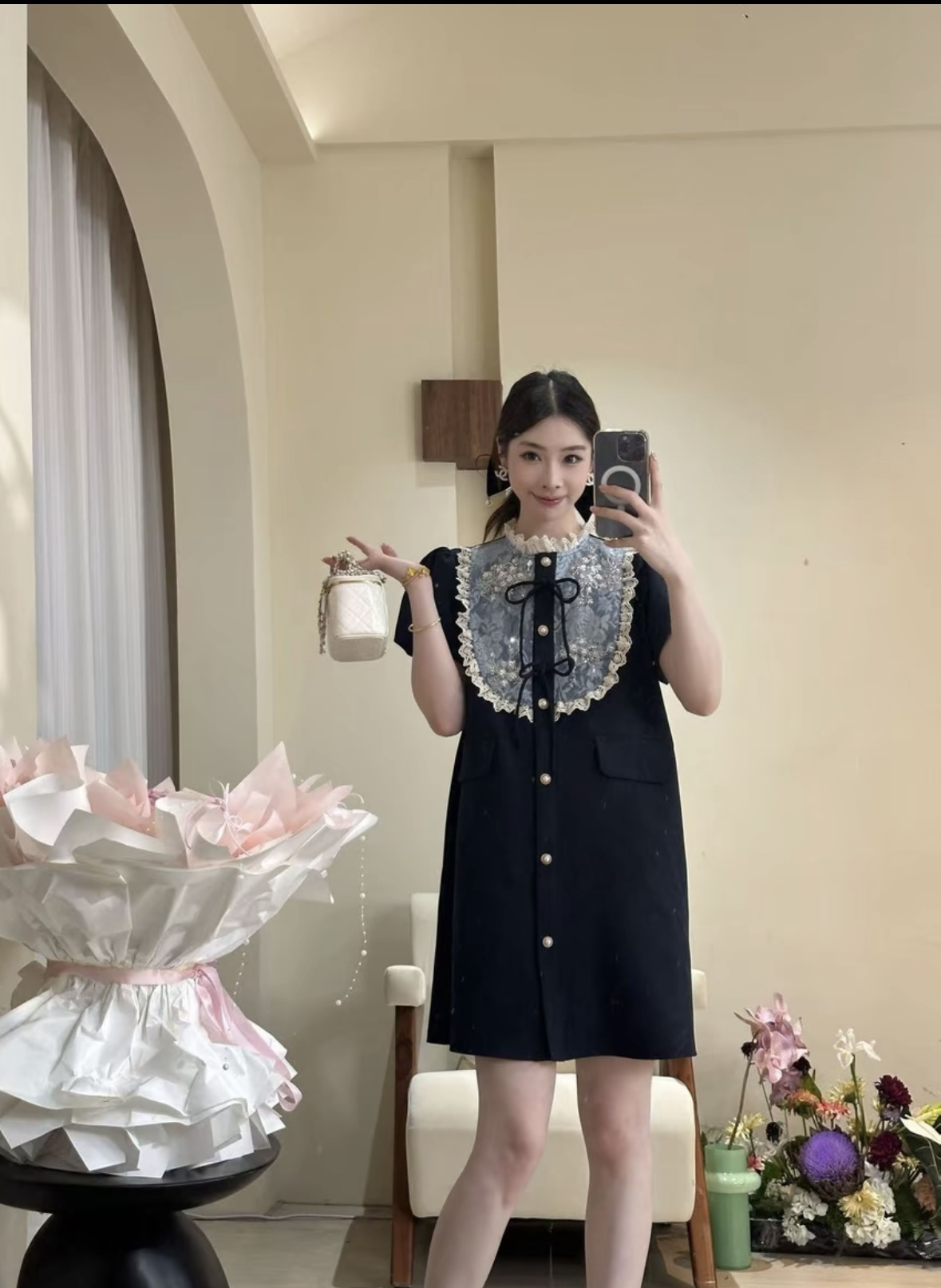 十一原创【时光恋人】连衣裙 蕾丝拼接蝴蝶结华夫格时尚气质显瘦