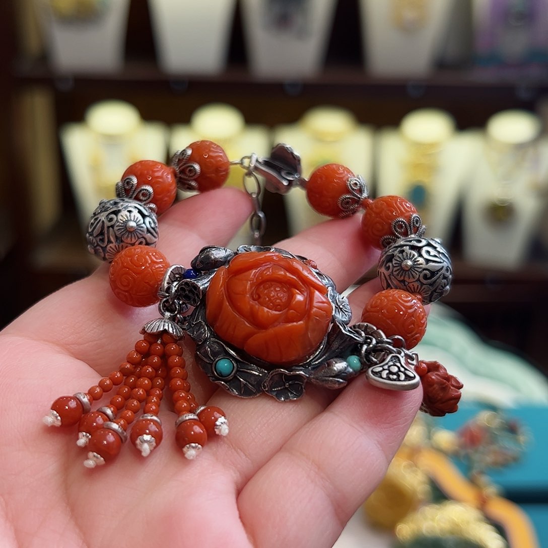 玛瑙手链银S925镶嵌古风