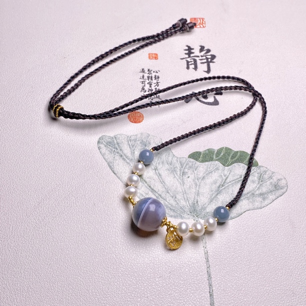 玛瑙蓝沁一线药师锁骨链时尚个性设计项链气质百搭颈饰手工编绳