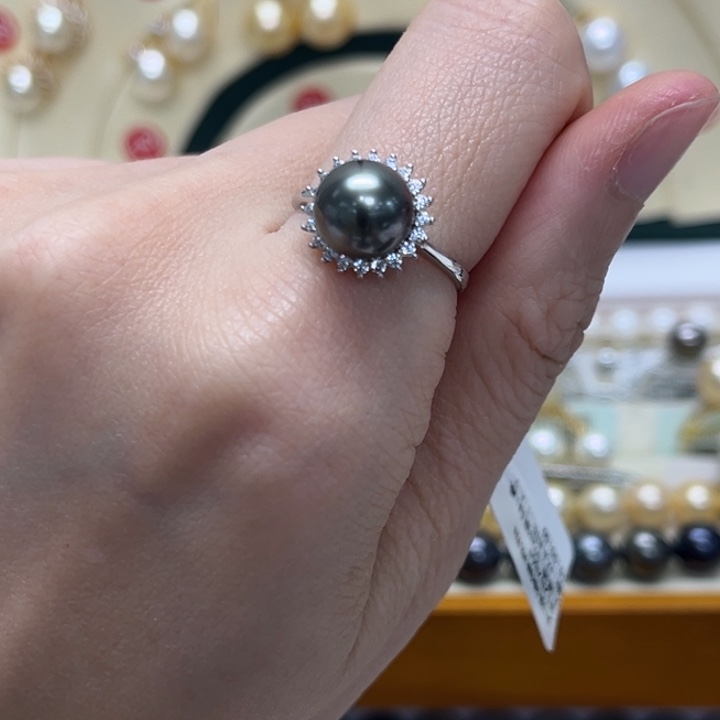 戒圈海水珍珠银S925镶嵌大溪地 9-10mm 175号