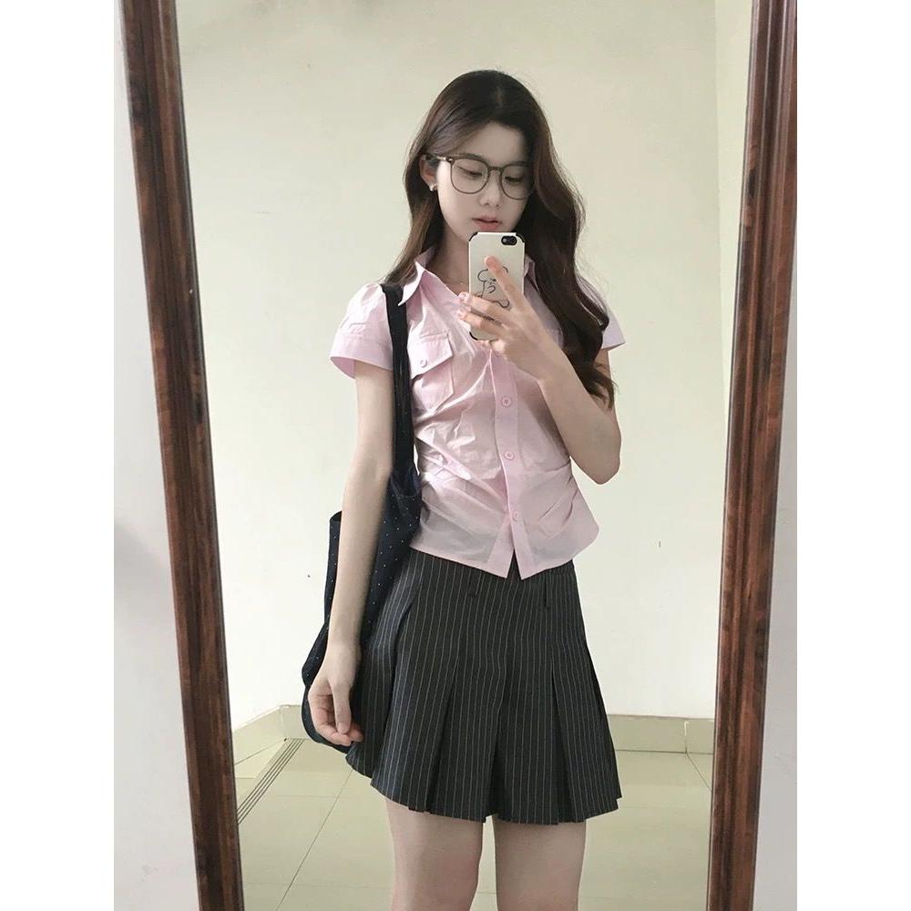 原版质量 甜辣妹polo领粉色短袖衬衣女夏季新款纯欲掐腰修身上衣