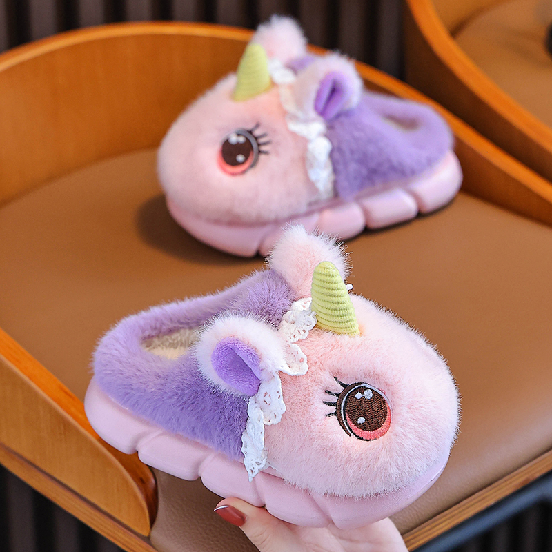 冬季儿童棉拖鞋女童厚底可爱独角兽防滑室内宝宝居家毛毛拖鞋女孩
