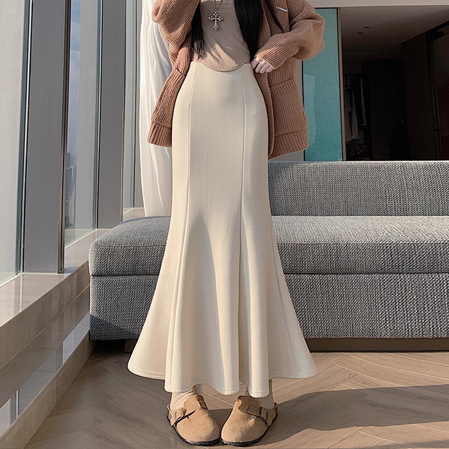 加绒加厚毛呢鱼尾半身裙女秋冬2025新款高腰显瘦垂感a字包臀长裙