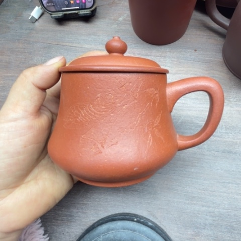 茶杯紫砂寒*原矿红墙坡石瓢盖杯