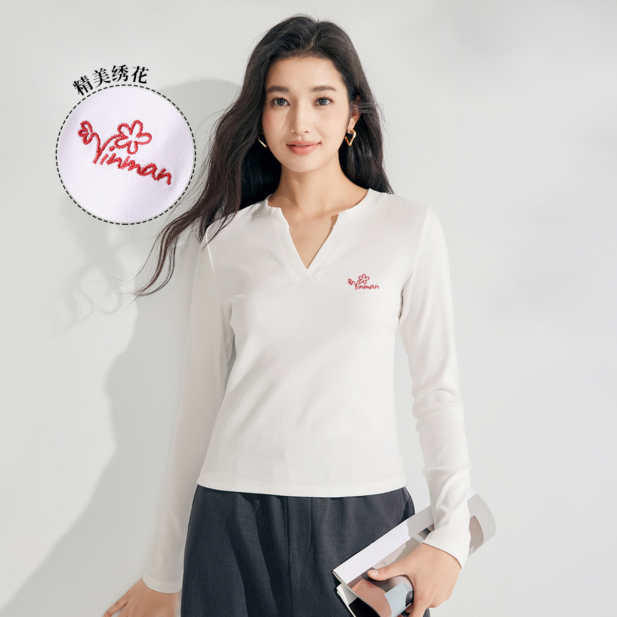 茵曼新款修身显瘦内搭日常时尚百搭长袖T恤秋季休闲印花女士上衣