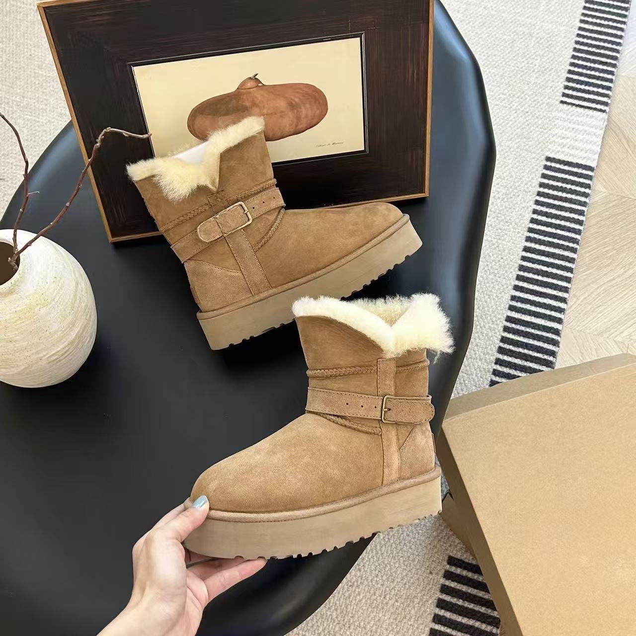 【厚底小骑士雪地靴】桑坡真皮毛一体雪地靴冬季女款增高加厚雪地靴