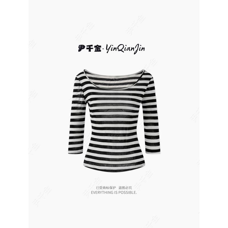 尹千金J【怀旧美式】50天丝+10羊毛大U领设计辣妹条纹短袖S257180