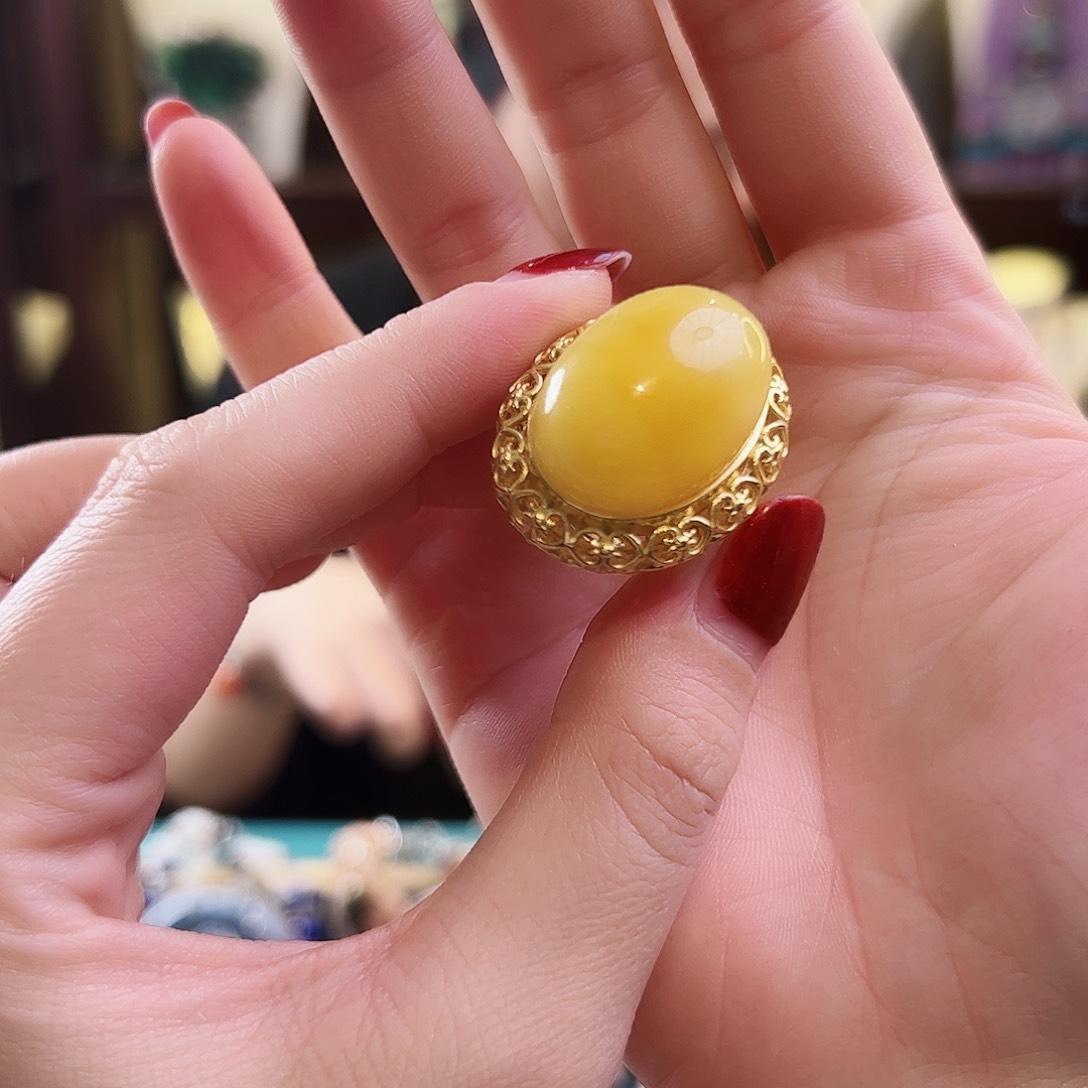 琥珀戒指银S925镶嵌戒指