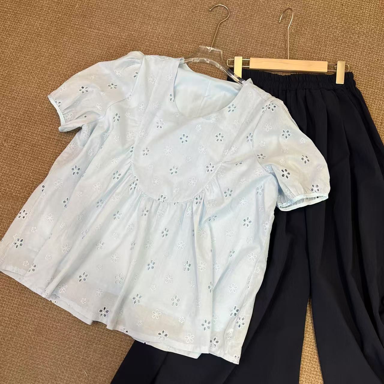 「意蕴蓝调」东东家*5789大码新款休闲文艺范衬衫显瘦阔腿裤套装