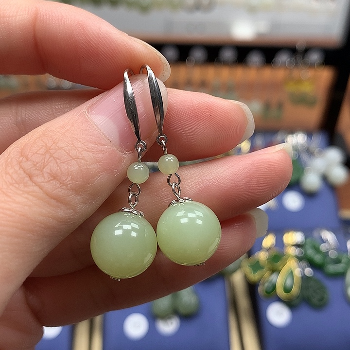 和田玉银S925镶嵌耳饰12左右黄口