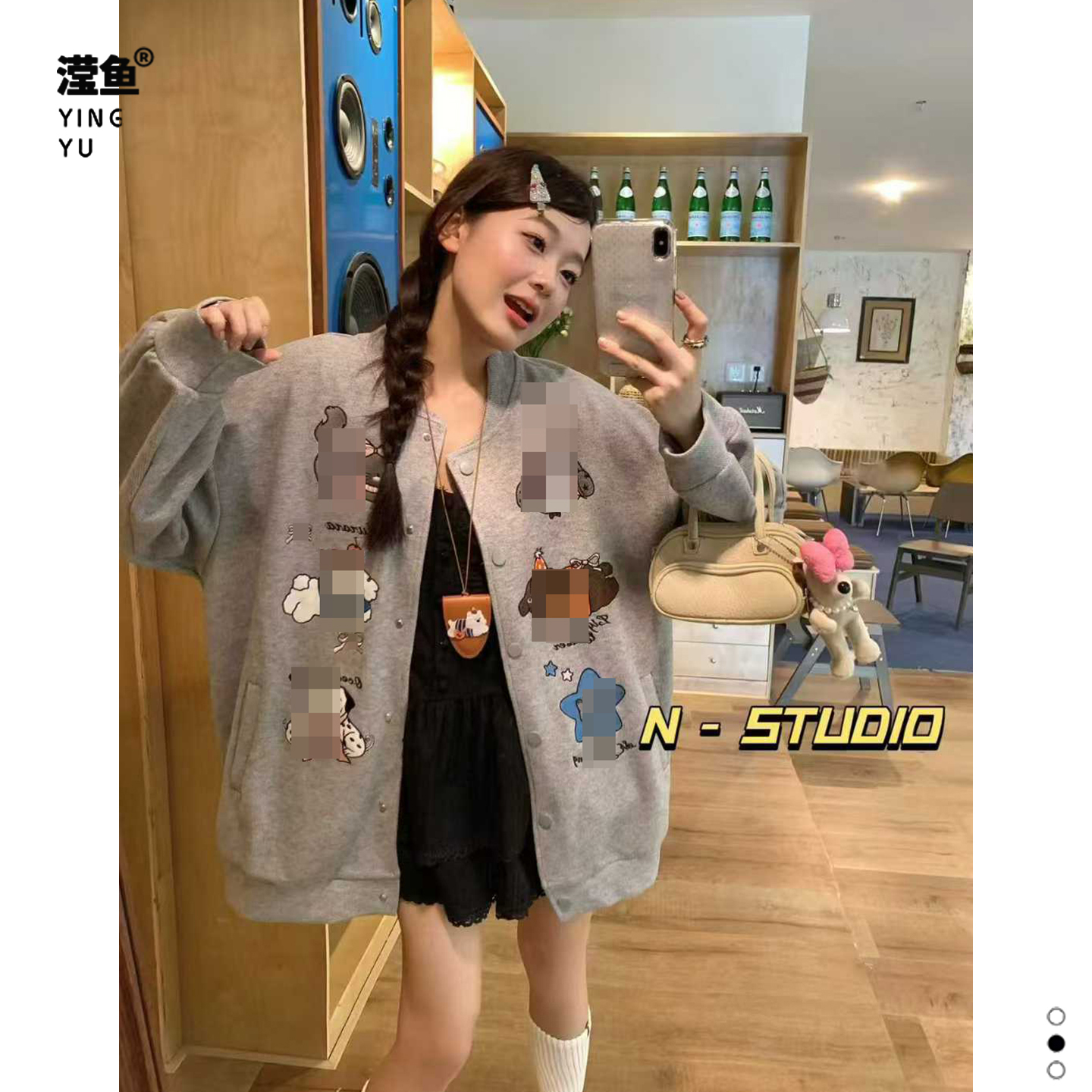 N  W3162大码可爱百搭卡通开衫上衣刺绣休闲宽松慵懒风卫衣外套