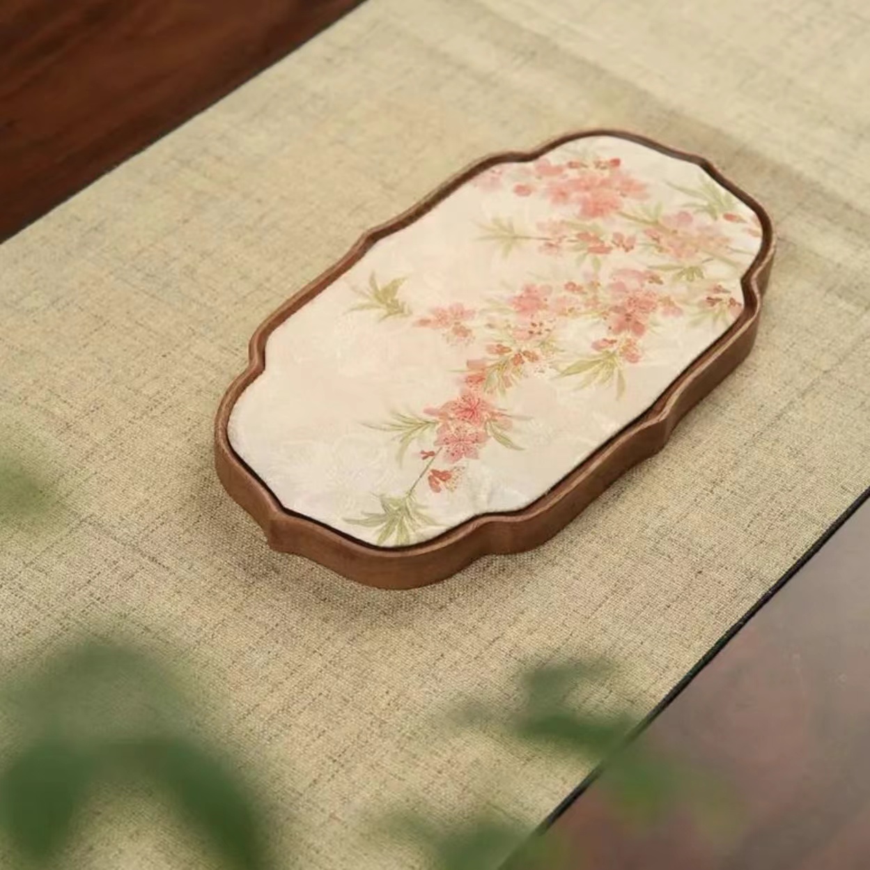 南美胡桃木 海棠花茶盘+茶席两件套 Y42 U