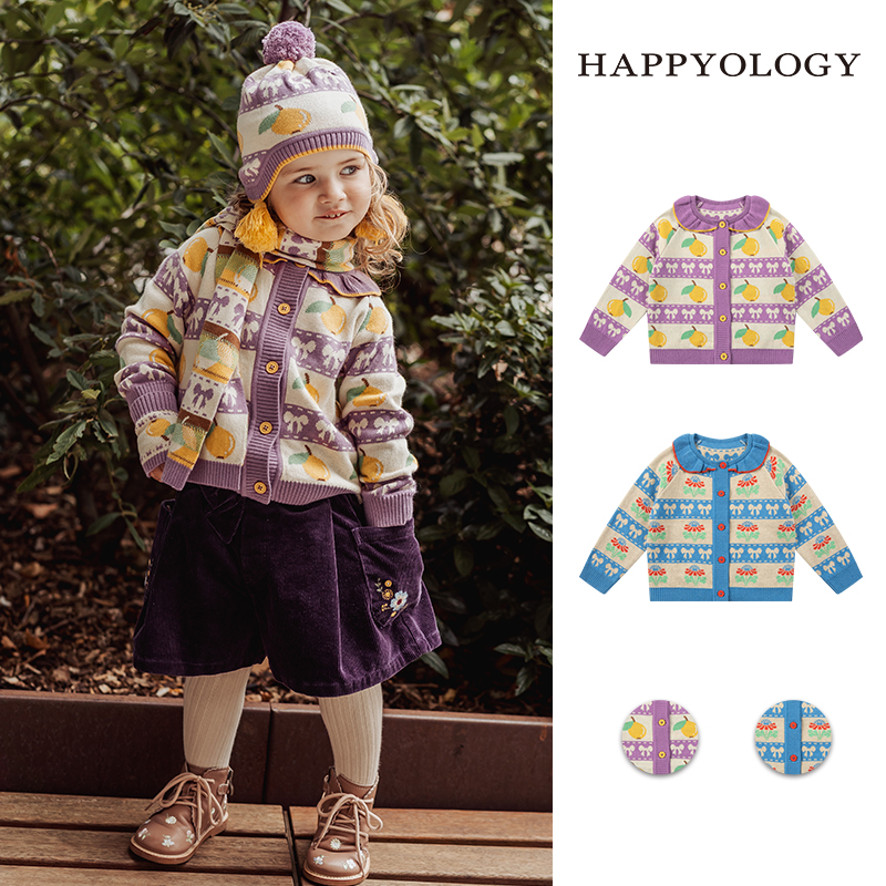 Happyology英国儿童秋冬新款含山羊绒上衣女童童装提花开衫毛衣