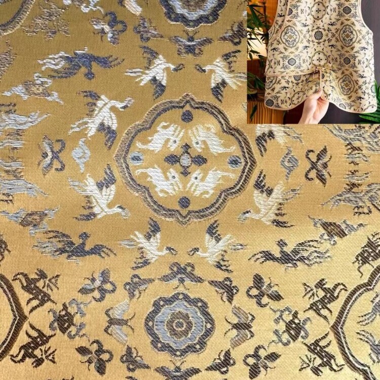 宋锦鹤鹿同春汉服敦煌织锦高精密提花马甲布料150门幅一件半米