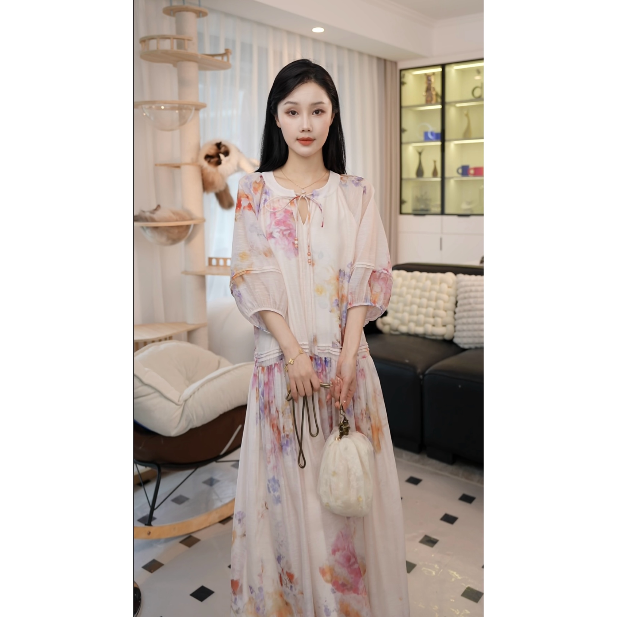 Mill Lin【花野】新款花色丝麻晕染温柔风粉色碎花气质连衣裙