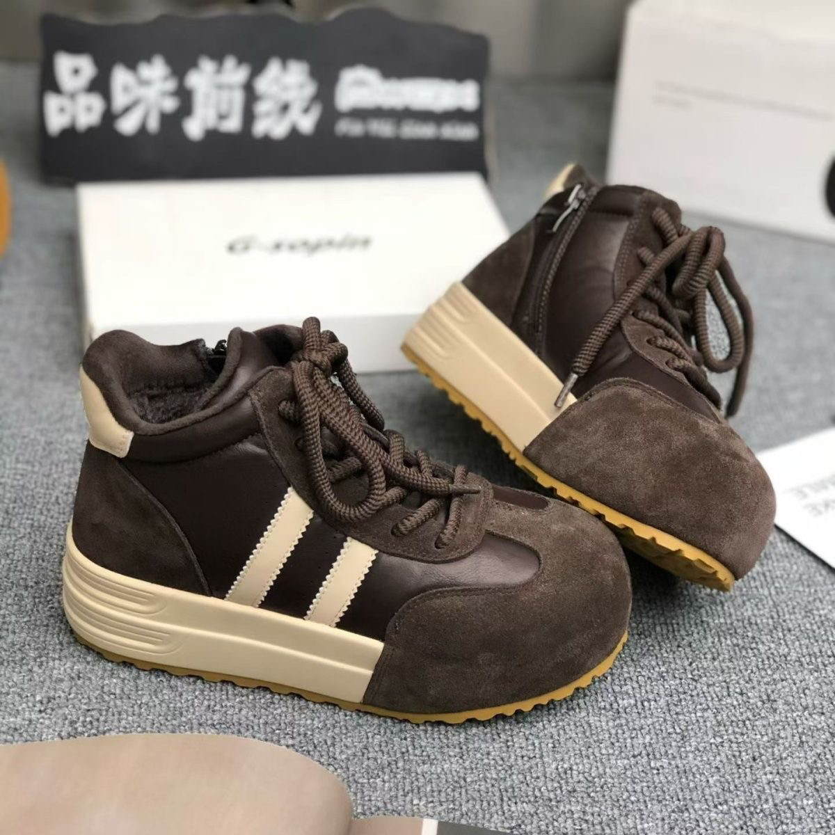 欧货2025冬季真皮厚底增高德训鞋女百搭休闲加绒棉鞋高帮阿甘鞋潮