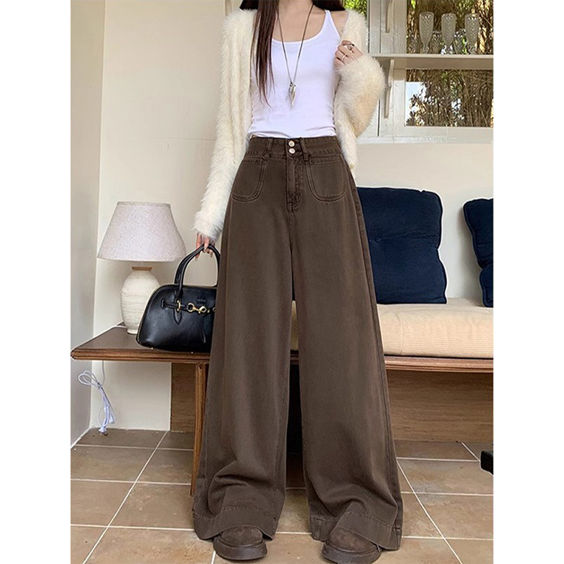 复古棕咖色阔腿牛仔裤女冬季新款高腰宽松显瘦垂感休闲直筒长裤子