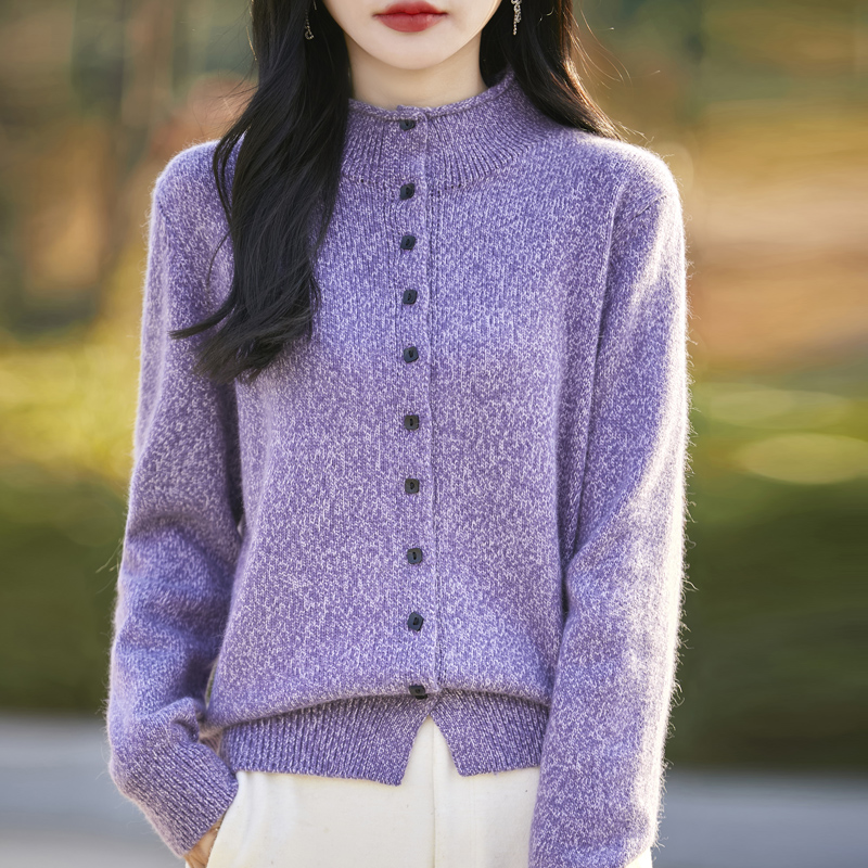 女士花纱加厚卷边羊毛开衫秋冬季新款毛衣开衫外套半高领针织衫