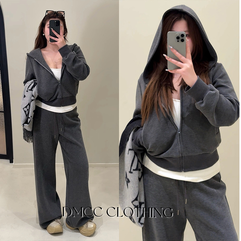 DMCC【绵软妹妹】慵懒休闲灰色连帽卫衣套装莫代尔秋冬运动两件套女