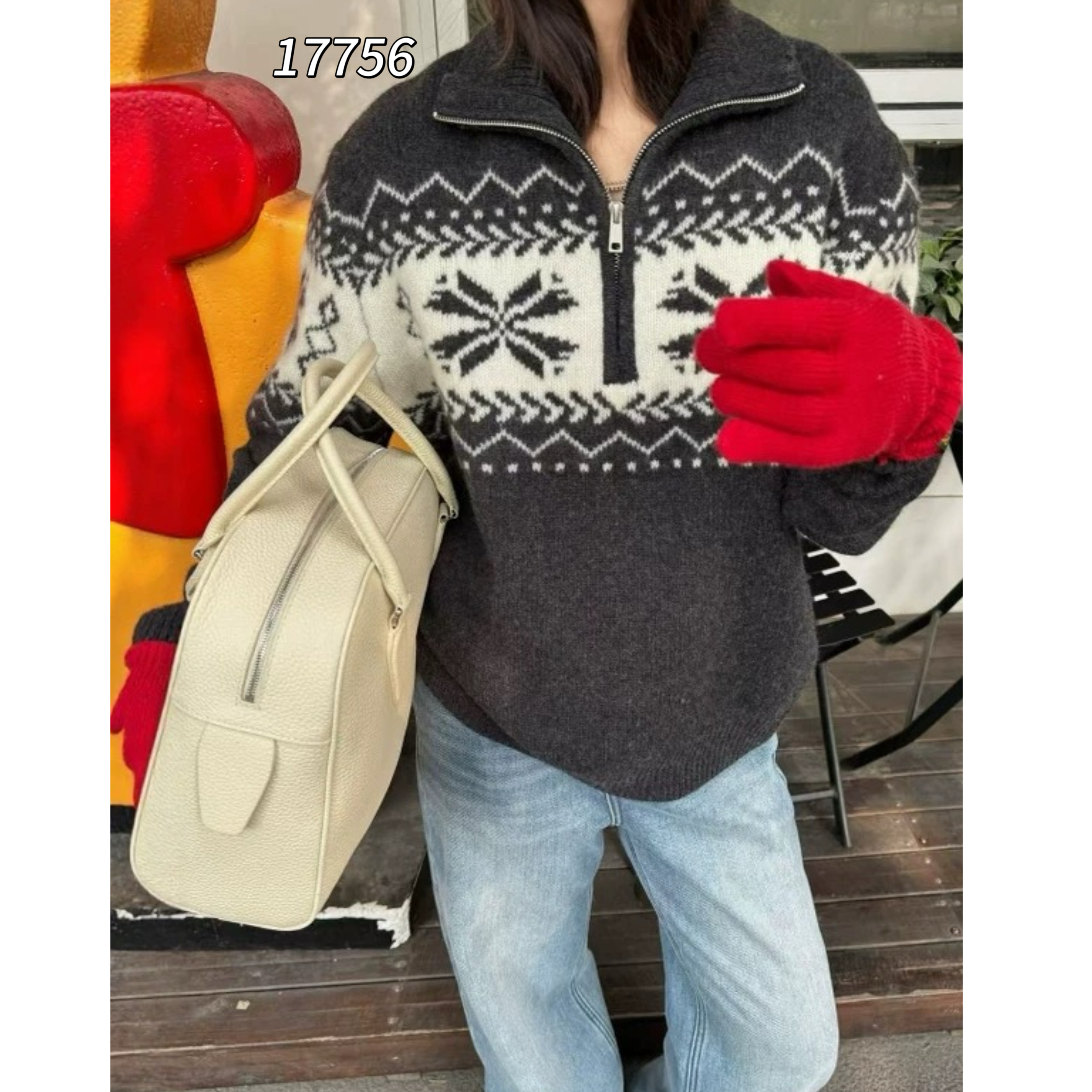 17756 CHUXUN（部无水洗唛介意慎拍)高领半拉链费尔岛风针织衫