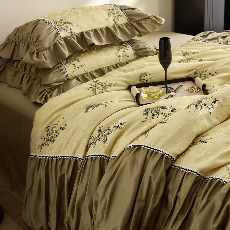 墨韵凝香/新中式复古100长绒棉色织提花绣花四件套褶皱边床上用品