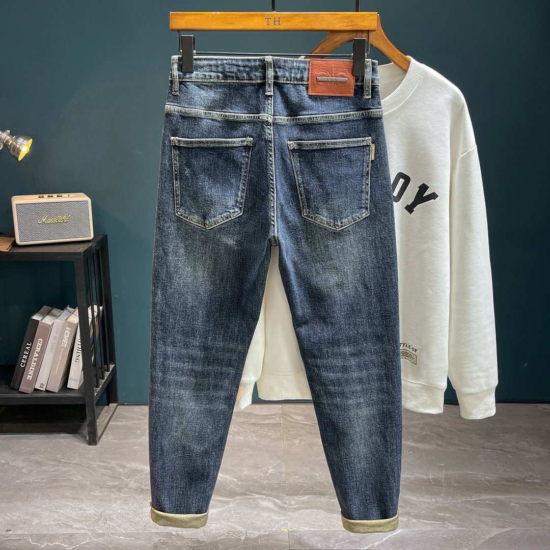 2025秋冬新款蓝色男士破洞痞帅牛仔裤修身小弹力牛仔裤30252