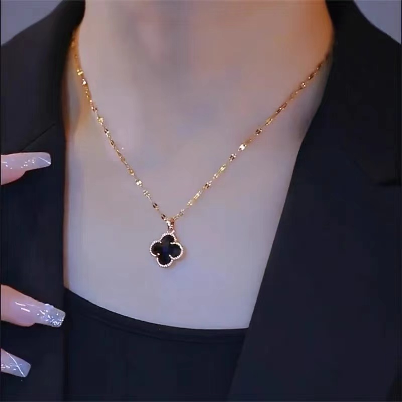 经典黑色双面四叶花项链女网红轻奢不掉色锁骨链气质百搭配饰