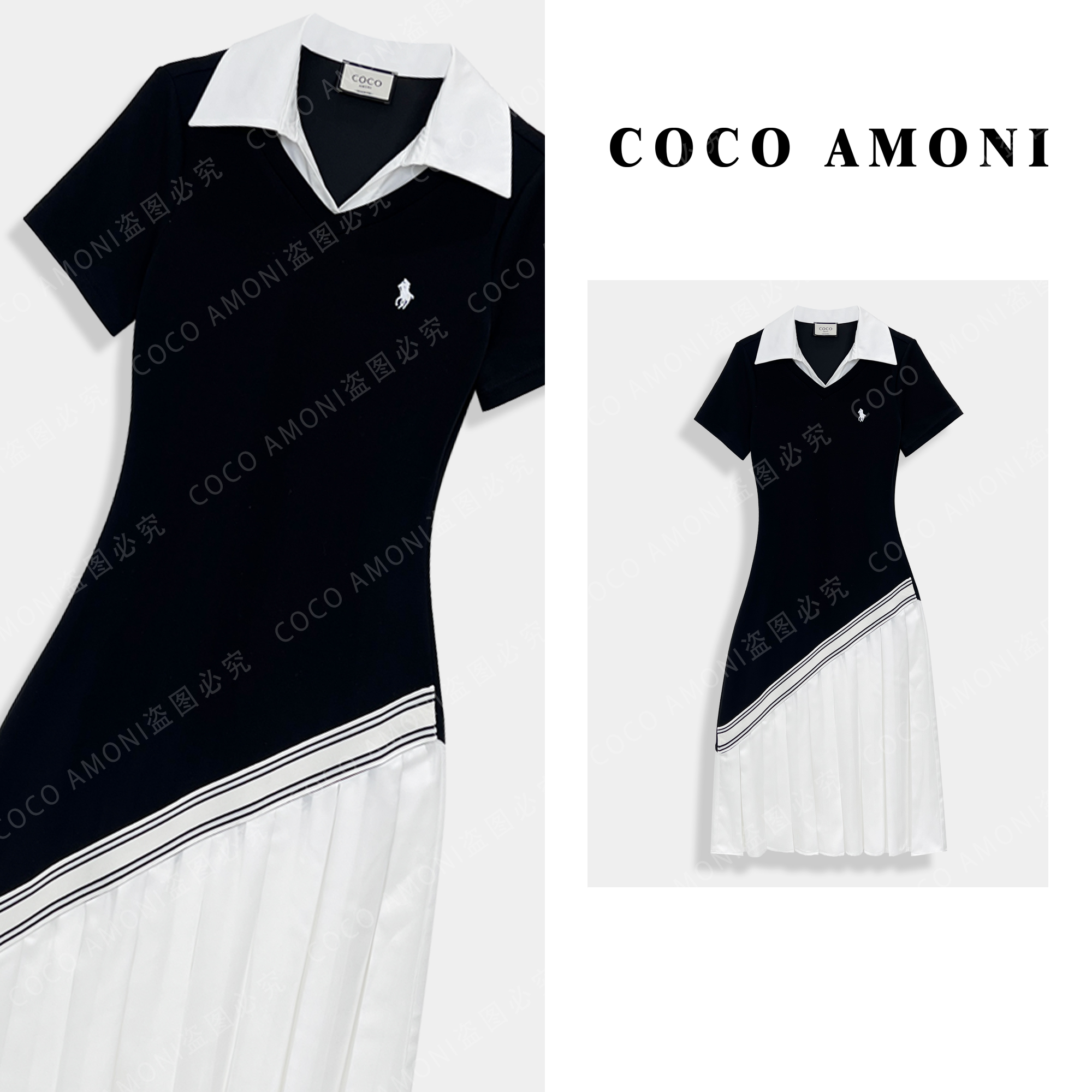 2025设计师高端定制女装拼接褶皱收腰显瘦气质连衣裙AC464