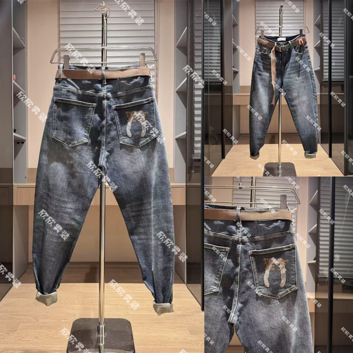 秋季潮牌贴布绣高弹水洗百搭潮流牛仔裤