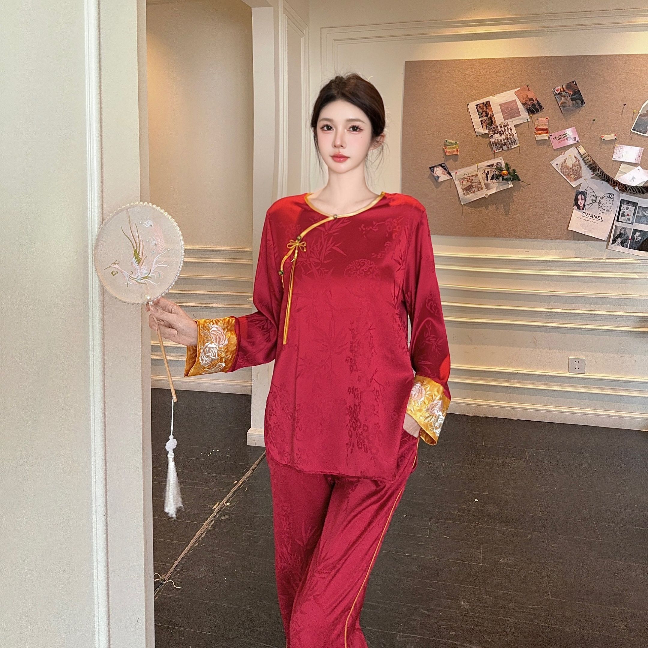 刺绣红色新中式国风睡衣长袖四季款长袖套装丝料家居服提花工艺