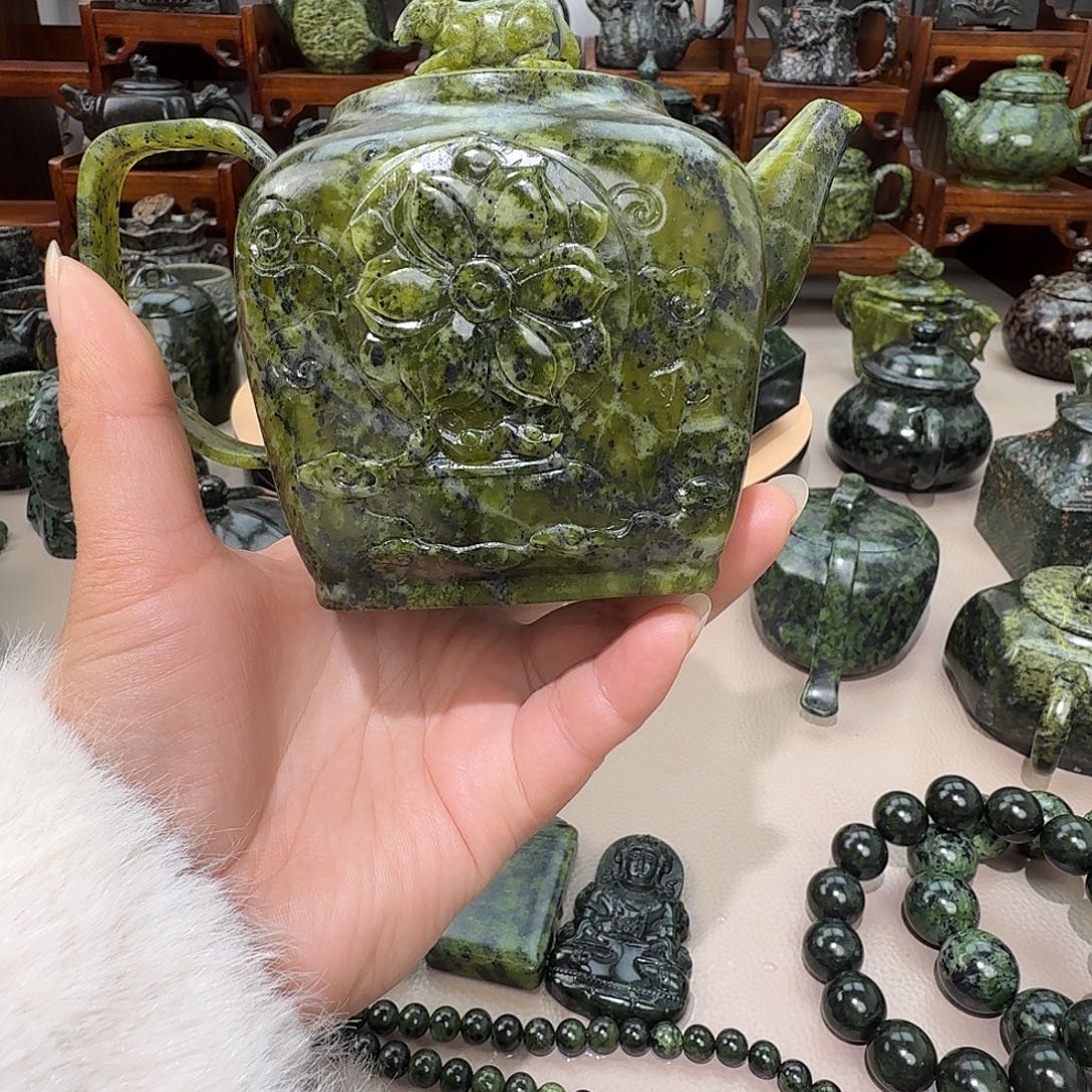 山***姐蛇纹石玉未镶嵌藏玉药王石茶壶