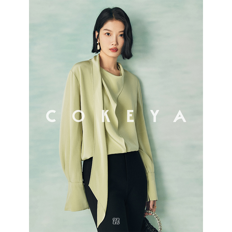 COKEYA/职场艺术家~30MM重绉6A桑蚕丝连衣围裹式飘带春日衬衫