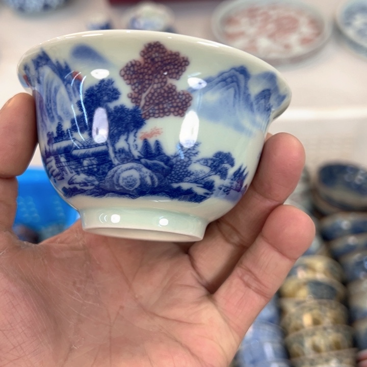 瓷片白青花富春山居图压手杯主人杯全品