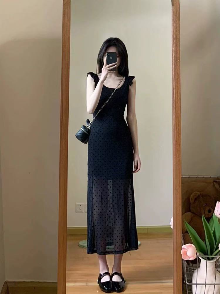 吊带波点中长款蕾丝连衣裙法式夏季长裙圆点开叉气质