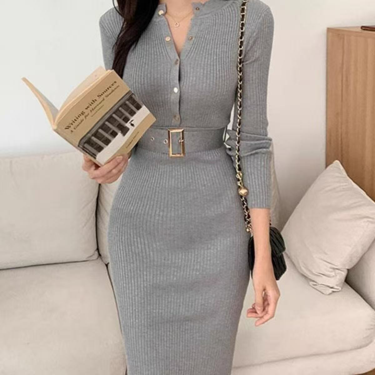 气质女装长袖春秋季针织中长裙新款秋冬显瘦修身过膝连衣裙配腰带