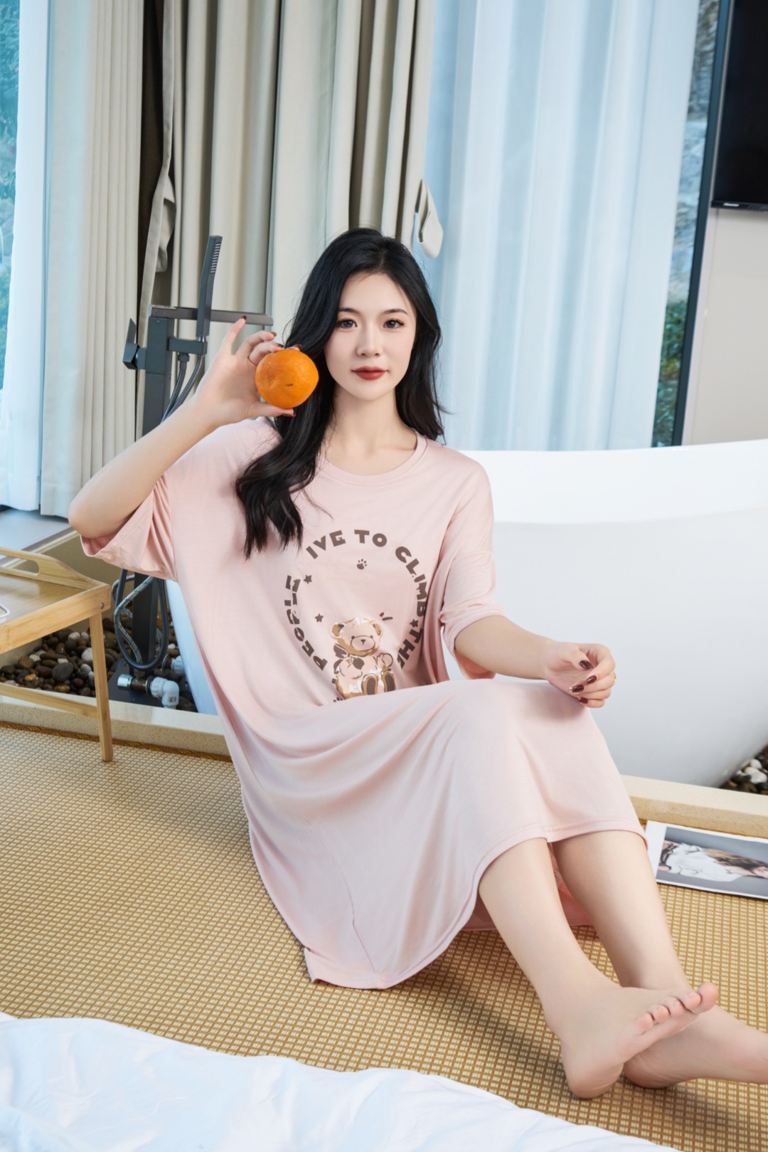 6201带胸垫圆领夏款睡衣女短袖睡裙可外穿休闲家居服夏