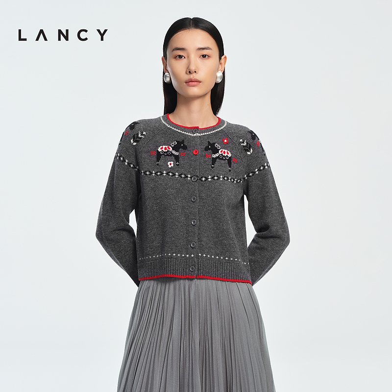 【马踏春风】LANCY/朗姿2026春新款纯羊毛新年圆领提花