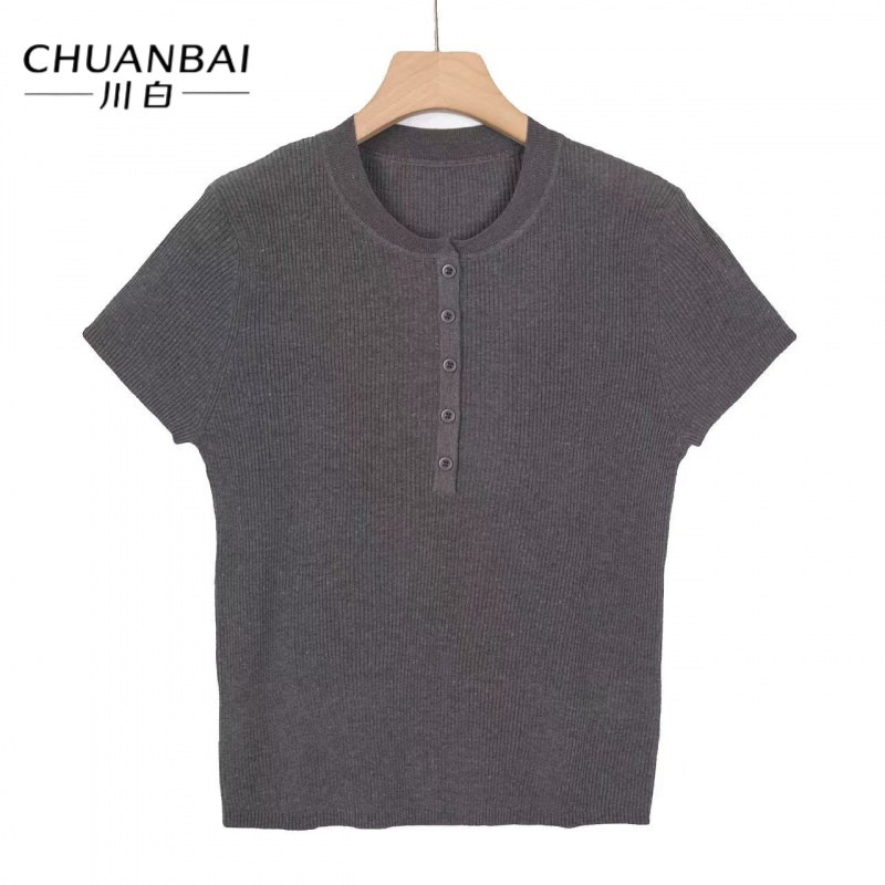 CHUANBAI 川白夏季新款亚麻纯色净版圆领扣子短袖针织套头衫时尚