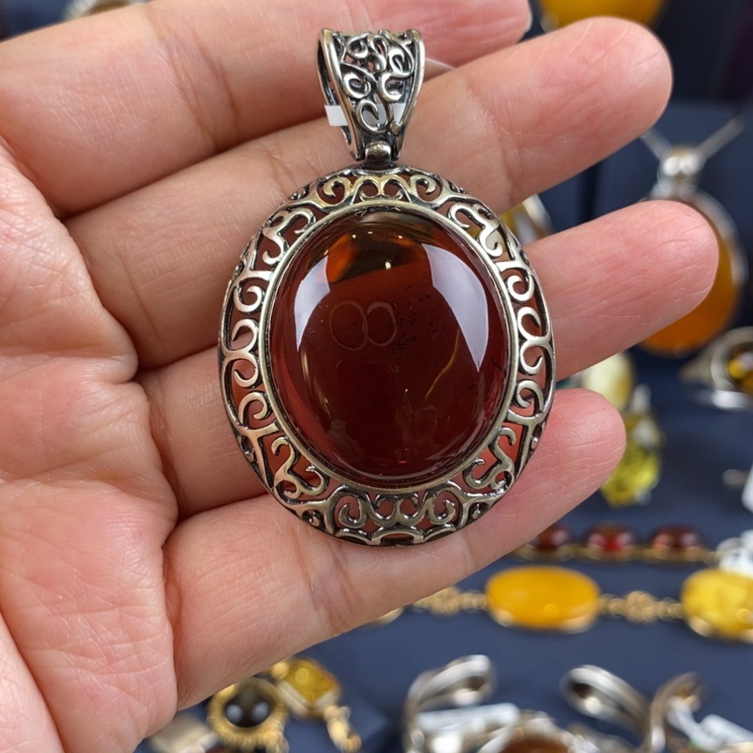 琥珀颈饰银S925镶嵌复古
