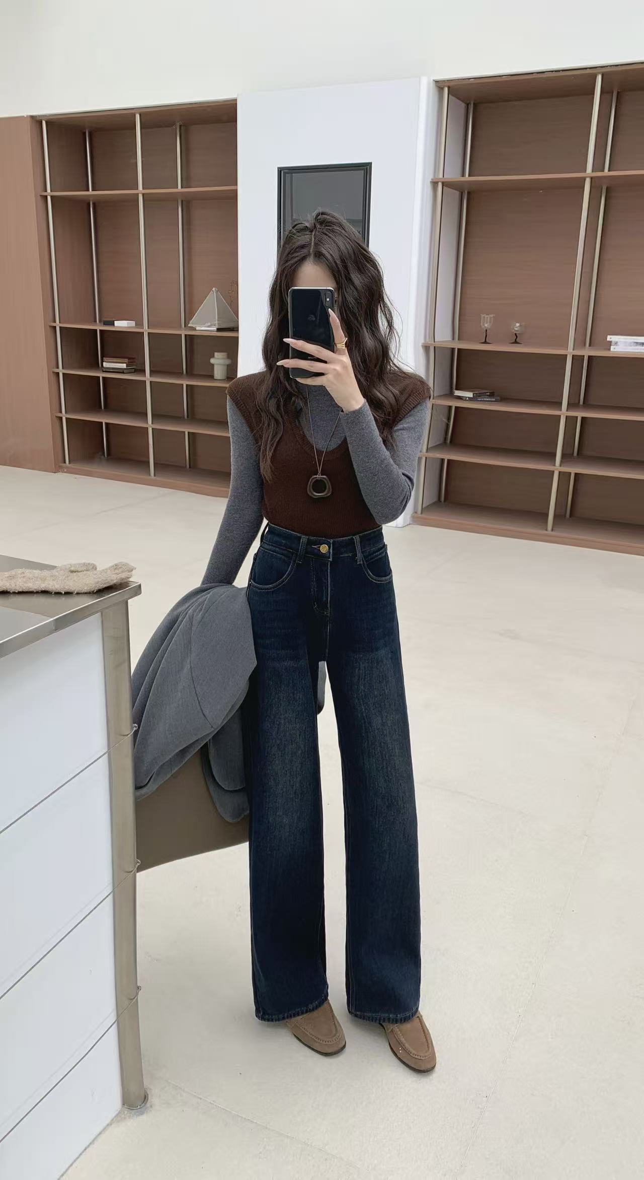 梨形神裤！高腰窄版直筒牛仔裤女秋冬加绒加厚宽松显瘦垂感阔腿裤