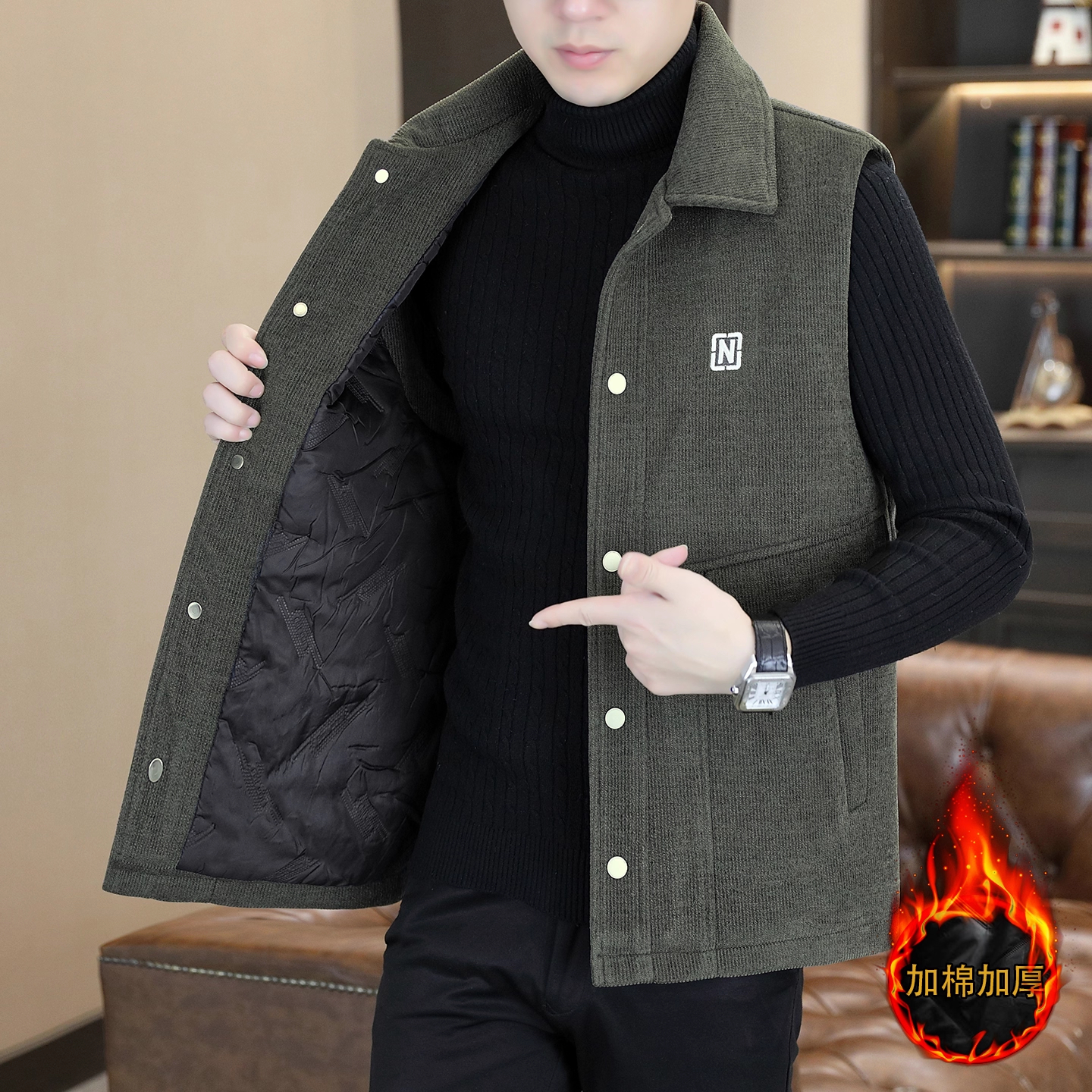 高端刺绣男士马甲男款秋冬季新款潮流休闲翻领加棉加厚毛呢上衣服