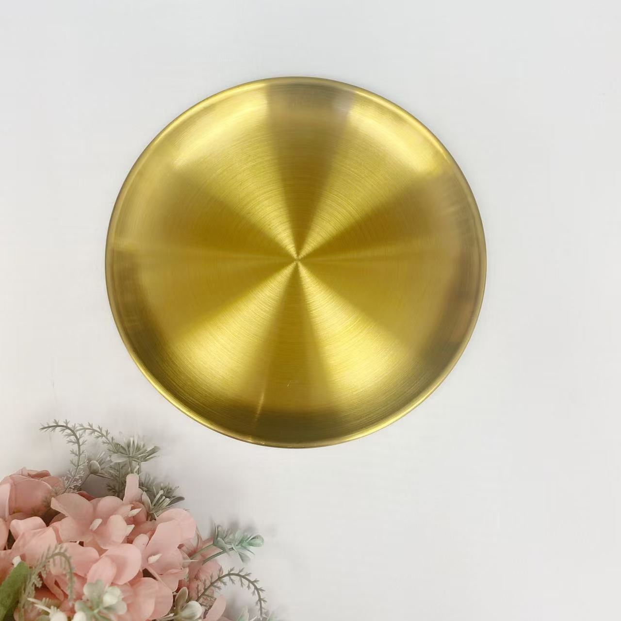 不锈钢圆盘金色平底托盘烤肉店家用餐厅浅盘骨菜碟子23.5cm