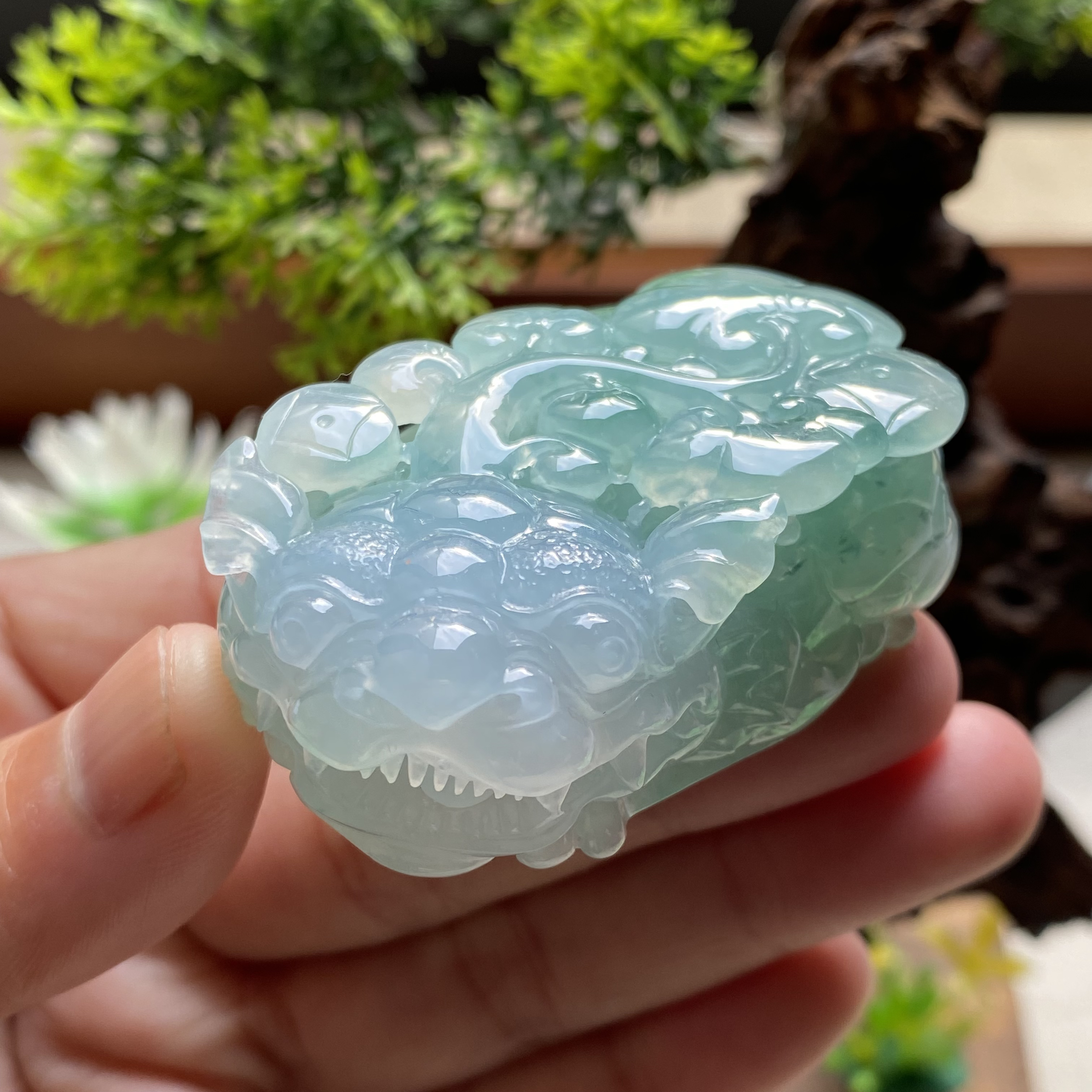 天然A货翡翠貔貅缅甸挂件 冰润淡春彩色含珠如意貔貅52-32-19mm