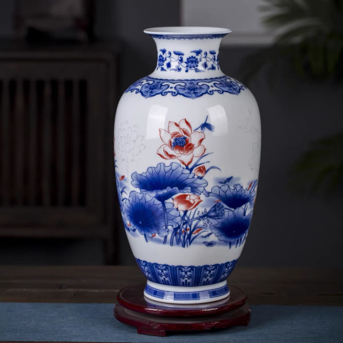 青花粉彩玲珑花瓶景德镇仿古中式陶瓷摆件瓷器客厅家居工艺品