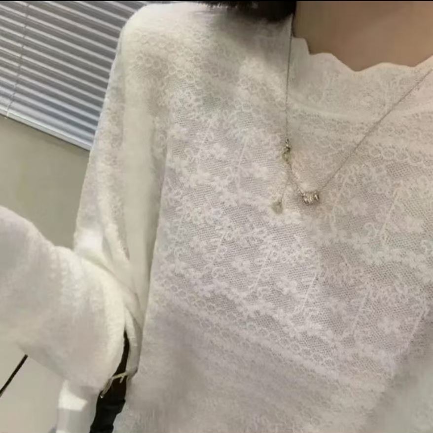 巴素兰羊毛提花公主荷叶袖薄款长袖软糯小立领打底针织衫女