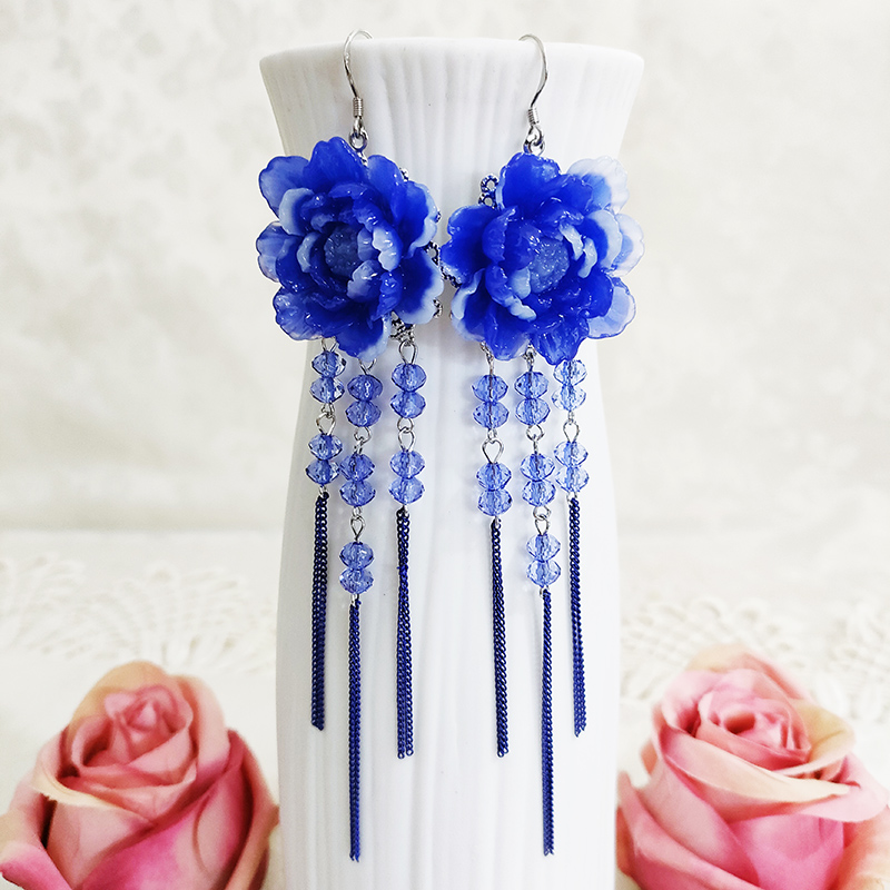 铜合金玻璃耳饰 民族风蓝色气质花卉流苏耳环3020