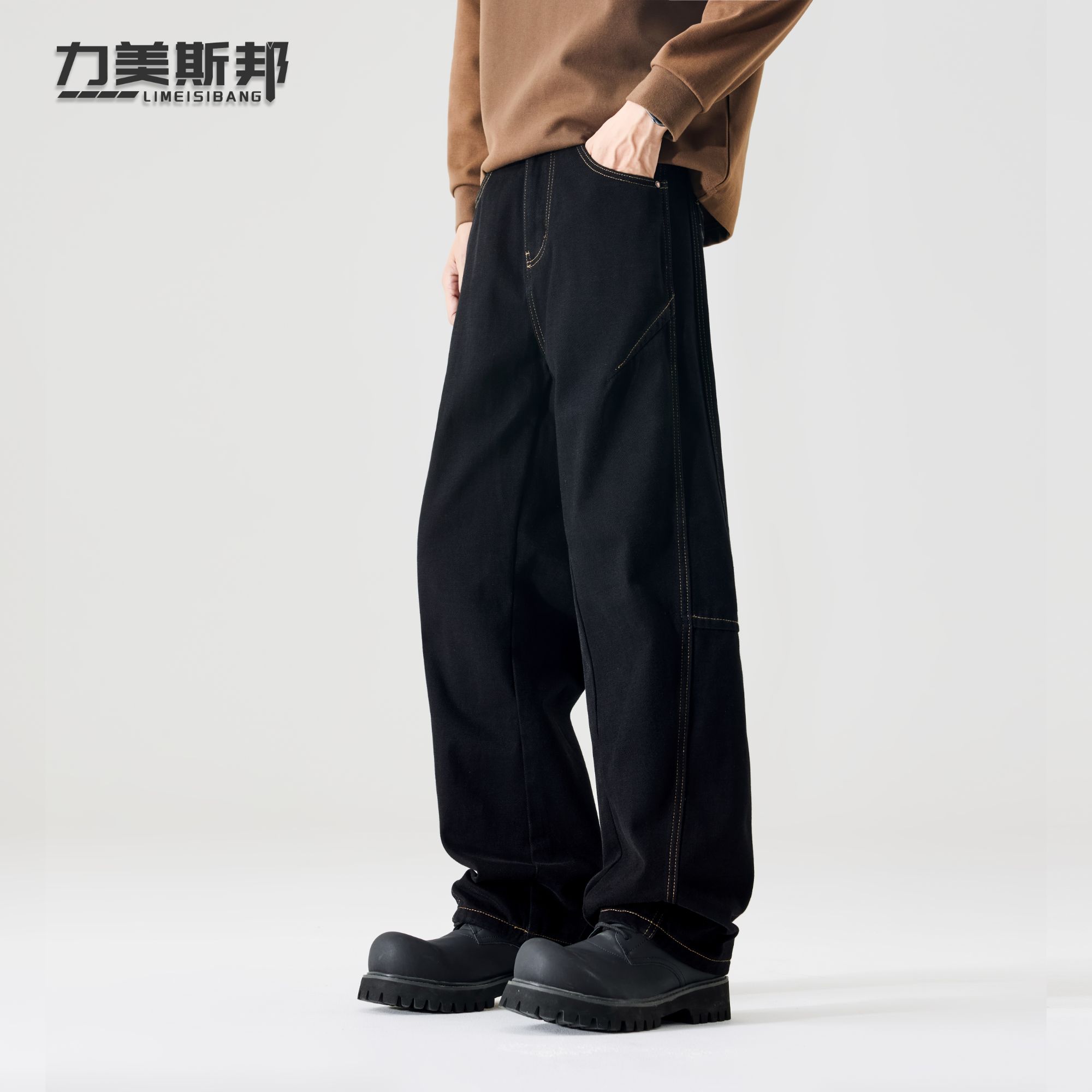 力美斯邦【黑金】冬季加绒加厚牛仔裤宽松秋季高街黑色男生穿搭