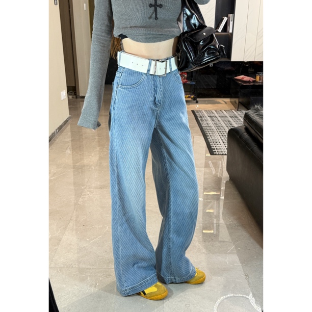 【7柒同款】斜纹提花牛仔裤女春季高腰宽松裤子直筒裤阔腿裤长裤